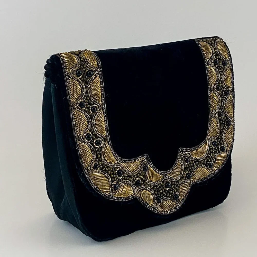 Black Velvet Boho Clutch Gold Embroidered Handbag - Picture 2 of 4